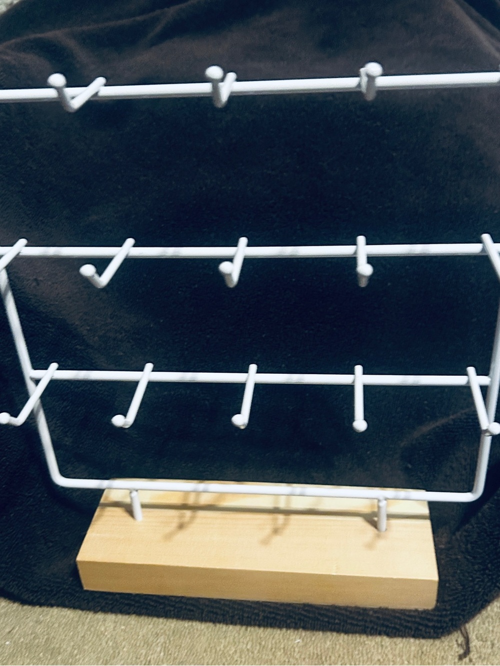 White Multi-Tier Jewelry or Earring Stand on Wood Base UNUSED
